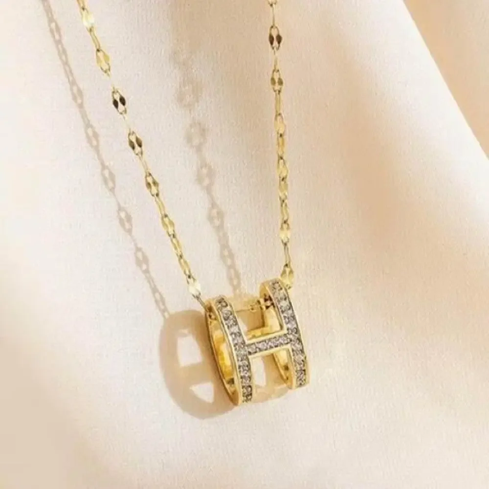 18K Gold Plated “H” Pave Rhinestone Pendant Necklace